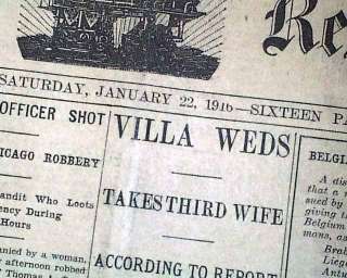 PANCHO VILLA Gets Married Third Wife Mexican Revolution 1916 Newspaper 