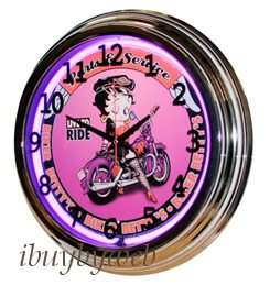 Retro 17 Purple Neon Betty Boop Biker Sign Wall Clock  