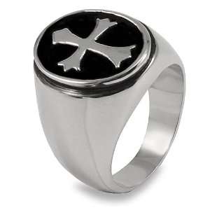  Stainless Steel Polished Oval Cross Mens Ring with Black 