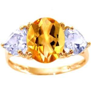 14K Yellow Gold Large Oval and Heart Gemstone Ring Multi Citrine White 