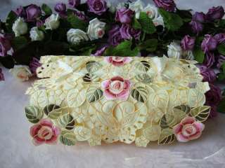  Victorian Yellow Embroidery satin Tissue Box Cover B Style  