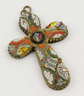   Italian Venetian Glass Micro Mosaic Cross Colorful Floral Pendant