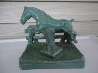 Antique Galloping Horse by Fence Spelter Pot Metal Statue marked APT 