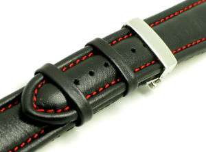 22mm Butterfly Clasp Leather watch strap Band Black/Red  