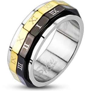   Spikes Stainless Steel Black & Gold IP Roman Numeral Dual Spinner Ring