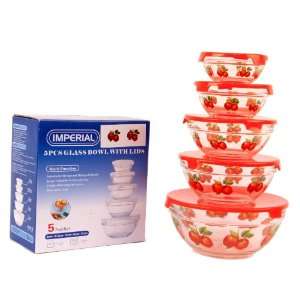   Nested Glass Bowl Set With Apple Design and Red Lids: Kitchen & Dining