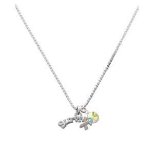   Pink Ribbon Charm Necklace with AB Swarovski Crystal Drop: Jewelry