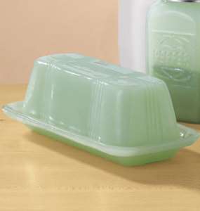 Jade Green Glass Butter Dish Ribbon Embossed Depression Style Free 