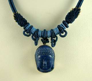 Lapis Carved Buddha Pendant on Macrame Choker Necklace  