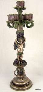 Faux Bronze Angel Candle Stick Holder Grapes Statue  