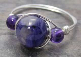Charoite & Amethyst Sterling Silver Wire Wrapped Bead Ring ANY size 