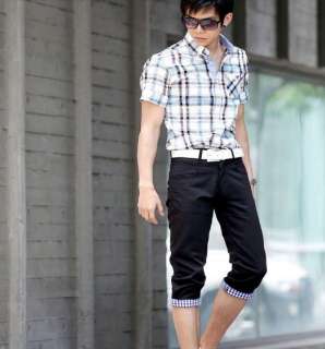 Mens Roll up plaid slim fit tide casual pants Korean style seven 