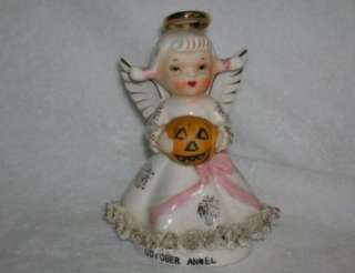 OCTOBER BIRTHDAY ANGEL FIGURINE HALLOWEEN PUMPKIN VINTAGE 60s  