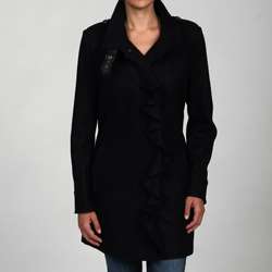   Womens Black Wool blend Ruffle front Military Coat  Overstock