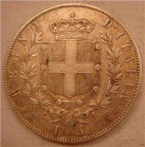Italy, 5 Lire, 1871M BN, Baggy Very Fine, .7234 Ounce Silver  