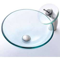   Clear Glass Vessel Sink/ Satin Nickel Finish Waterfall Bathroom Faucet