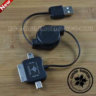 New Black Retractable Micro + Mini B 5 Pin+ iPod iPhone USB Data Cable 