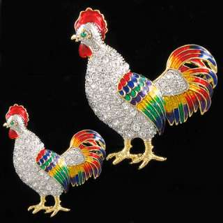 Multi Colorful Rooster Hen Chicken Crystal Pin Brooch 5  