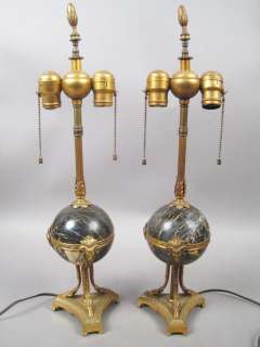 Pair Antique Early 20c Ornate Bronze Dore Rams Head Marble Orb Table 