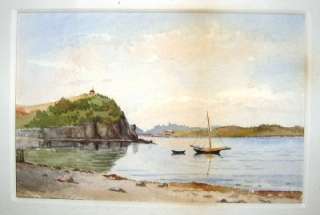 Antique Watercolor Coastal Landscape with Sailboat   Signed?  