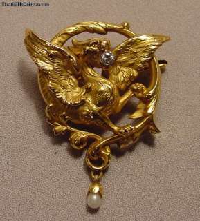 Antique 18k Diamond Griffin Pearl Brooch/Necklace  