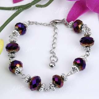 Purple Faceted Crystal Flower Bead Bracelet Adjustable  