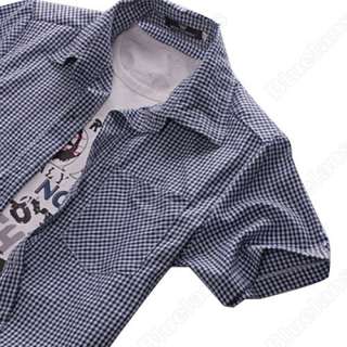 New Mens Slim Fit Casual & Dress Plaid Check Shirt Korean Style Blue 