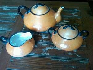   ELPCO Peach/Black Lusterware 3 Piece Tea Set sugar creamer pot  