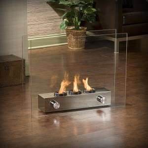 NEW Modern Floating Glass Panel Fireplace w/ Brushed Nickel Finish 