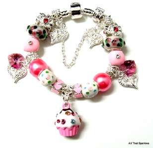 Pink Cupcake Swarovski Heart Child Girls Charm Bracelet  