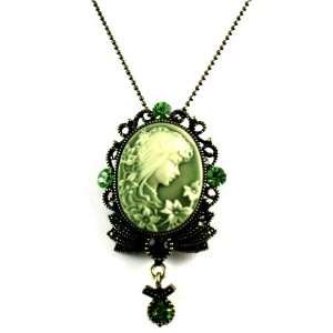 Antiqued Green Cameo Woman Necklace with Green Crystal Accents Antique 