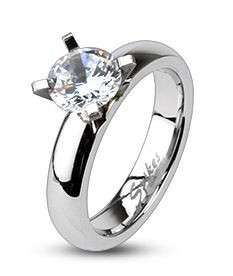 316L Stainless Steel Clear CZ Solitaire Prong Set Ring 4mm Wide Sizes 