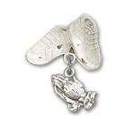   Sterling Silver Baby Badge with Praying Hands Charm and Baby Boots Pin