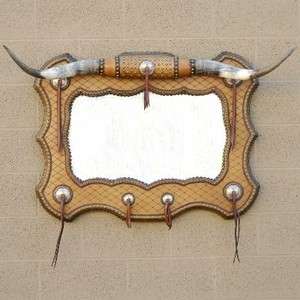Handmade Rustic Western Decor LONG HORN Silver Conchos Leather Mirror 
