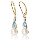   14k Yellow Gold 0.93 ctw Blue Topaz, Pearl and Diamond Drop Earrings