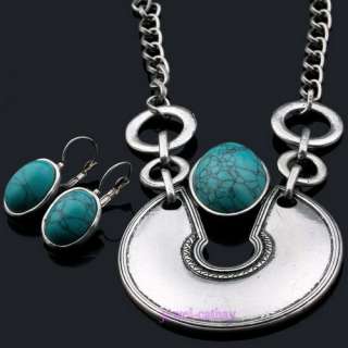 blue oval turquoise Tibet silver necklace earring set  