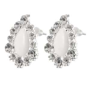   Women Rhinestone Accent White Water Drop Earstuds Earrings Jewelry