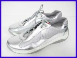 Auth Mens Prada Americas Cup Silver Leather Sneakers 7.5/US 8.5 $420 