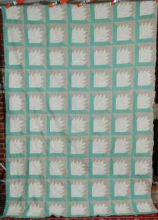 40s Green & White Modern Flame Antique Quilt Top  