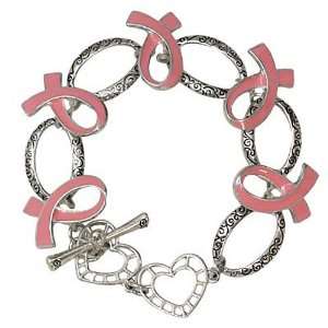  Pink Breast Cancer Ribbon Silvertone Charm Bracelet 