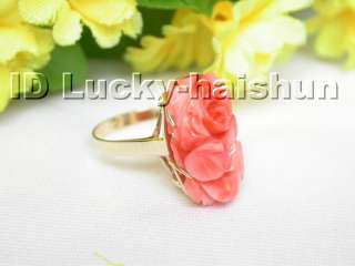 GENUINE NATURE CARVED PINK CORAL RING 14K GOLD #8  