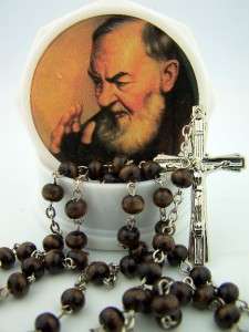 Wood Rose Scented Saint St Pio Rosary Necklace W Case Box Silver Cross 
