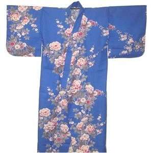 Japanese Womens Yukata Kimono Robe Blue Peony 56in Size M  
