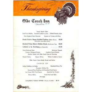    Old Coach Inn Thanksgiving Menu 1966 Nashua NH 