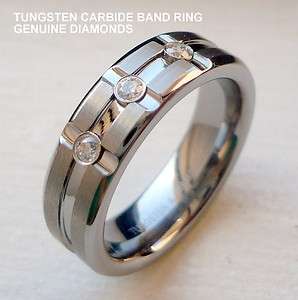 MENS 6MM TUNGSTEN CARBIDE BAND RING WITH GENUINE DIAMONDS  