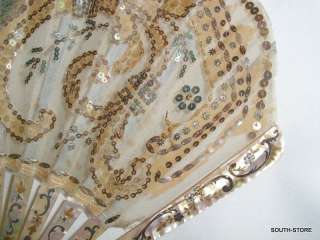  MOP HANDPAINTED SILK & TULLE FAN w/ SEQUINS. MORE FANS LISTED  