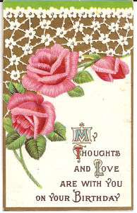 Pink Birthday Roses Vintage Chromo Postcard c1912  