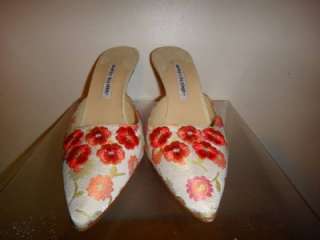 Manolo Blahnik Womens Multi Color Fabric Mules Pumps Heels Shoes Size 