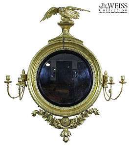 SWC Large Classical Gilt Convex Girandole Mirror with Carved Eagle 