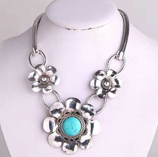 triple daizy Tibet silver flower turquoise necklace VTG  